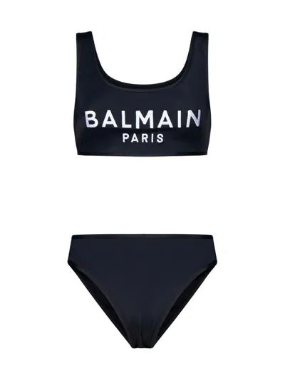 Balmain Logo Printed Two Piece Swimsuit In Black