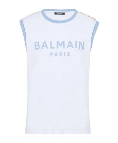Balmain Tank Top With Shoulder Buttons And Contrast Trim In White