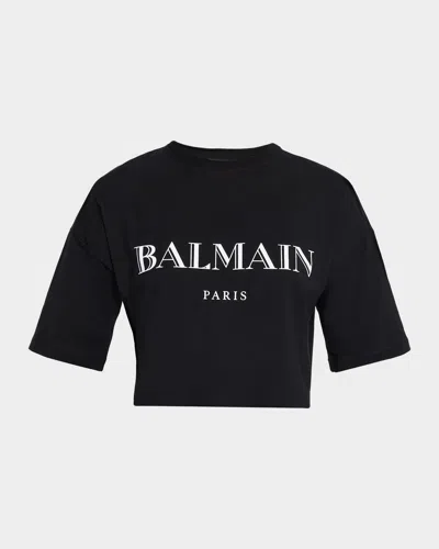 Balmain Logo Short-sleeve Bulky Crop T-shirt In Black