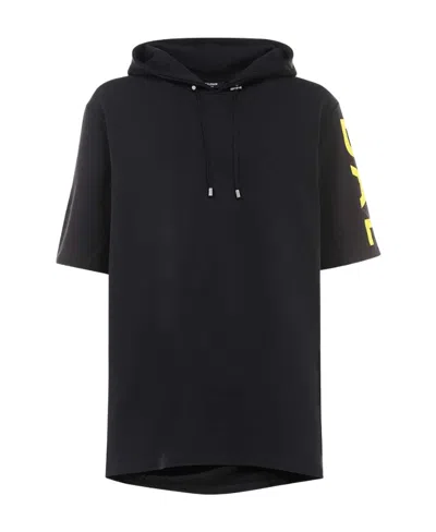Balmain Logo Short-sleeved Hooded Sweatshirt In Black