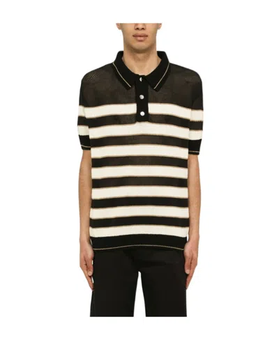 Balmain Intarsia-logo Striped Polo Shirt In Black