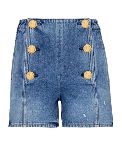 Balmain 6-button High Waist Denim Shorts In Blue