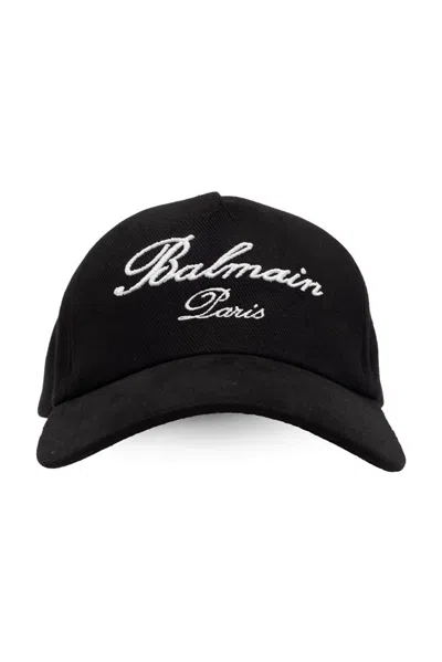 Balmain Logo Signature Embroidered Cap In Black