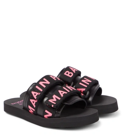 Balmain Kids' Logo Slides In Black/fuchsia