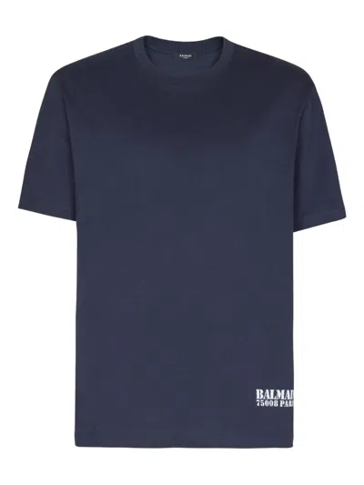 Balmain Blue Crewneck T-shirt With Logo Lettering Print On The Front