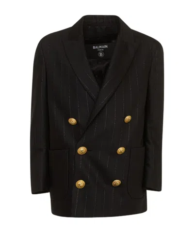 Balmain Logo-stripe Double-breasted Blazer In Black