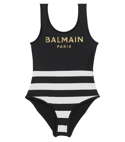 Balmain Kids' Logo Striped Swimsuit In Multicoloured
