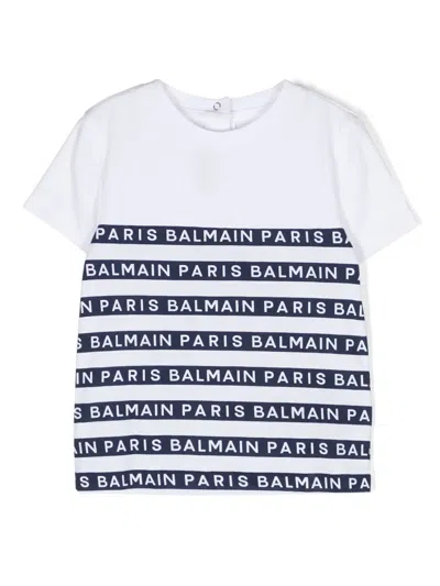 Balmain White T-shirt For Baby Boy With Blue Stripes And Logo