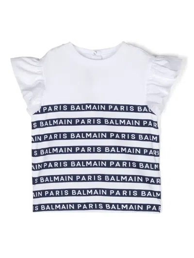 Balmain Babies' Logo-stripes Ruffle-sleeves T-shirt In White