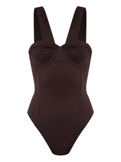 Balmain Logo Tag One-piece Swimsuit In Brown