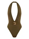 Balmain Pb Buckle Deep V-neck One-piece Swimsuit In Green