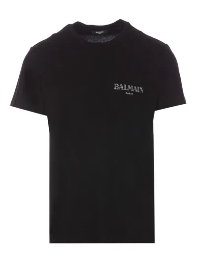 Balmain Black Crewneck T-shirt With Logo Print In Cotton Man