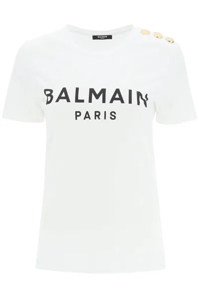 Balmain Logo T-shirt With Decorative Buttons In White