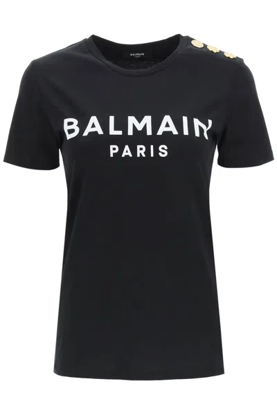 Balmain Logo T-shirt With Embossed Buttons In Noir/blanc