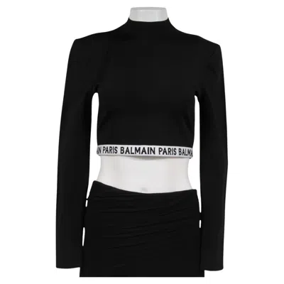 Pre-owned Balmain Logo Tape Long Sleeve Crop Top Fr 44 Black White Viscose Long Sleeve