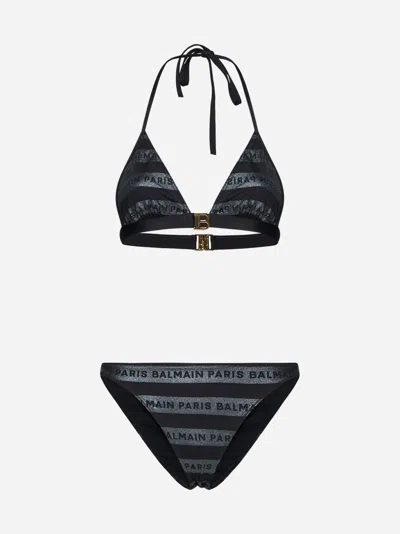 Balmain Glitter Striped Logo Triangle Bikini In Black