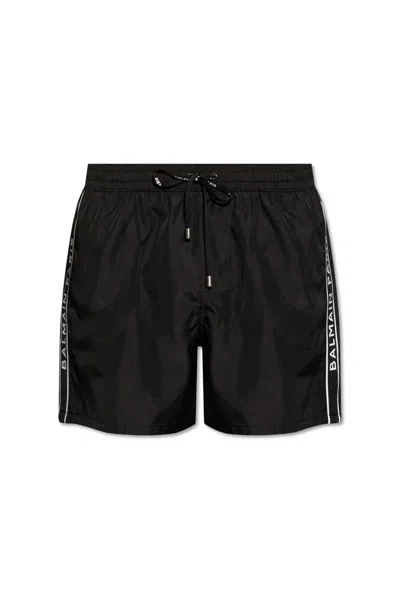 Balmain Logo Tape Swim Shorts In Black
