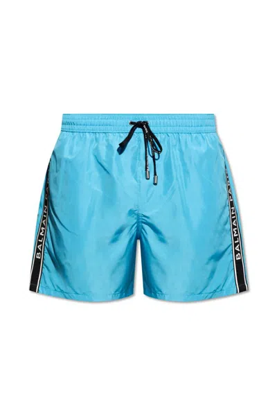 Balmain Logo Tape Swim Shorts In Blue