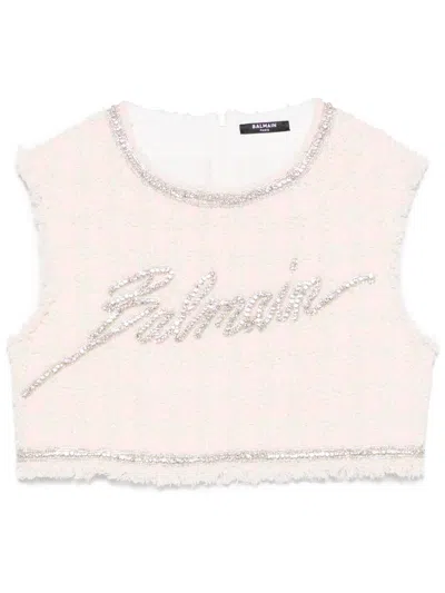 Balmain Logo Tweed Crop Top In Pink