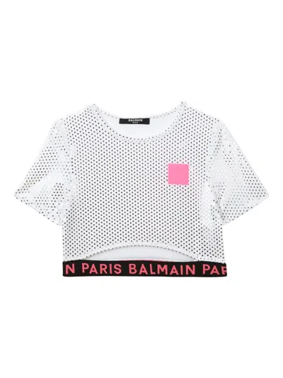 Balmain Kids' Logo-waistband Polka-dot T-shirt In White