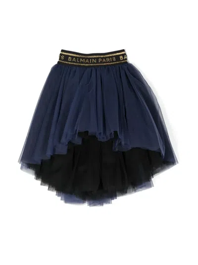 Balmain Kids' Logo-waistband Tulle Tutu In Blue