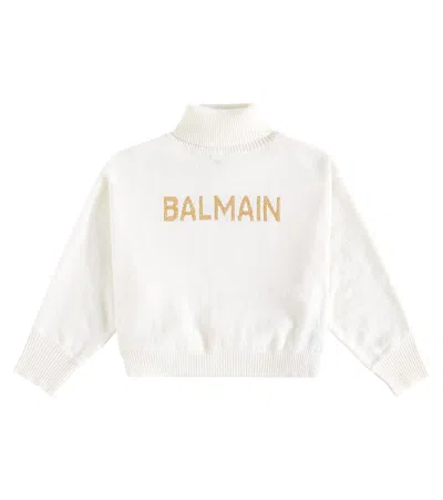 Balmain Kids' Logo Wool And Cashmere-blend Turtleneck Top In White