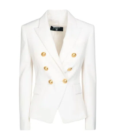 Balmain Double-breasted Structured Denim Blazer With Peak Lapel In White
