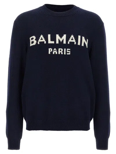 スウェット・トレーナー Balmain Blue Wool Sweater With Logo Balmain Blue Logo Wool Sweater | ModeSens