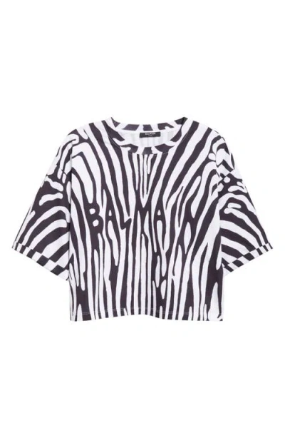 Balmain Logo Zebra Print Crop T-shirt In Blue
