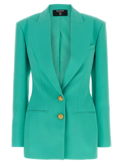 Balmain Logo-button Double-breasted Wool Blazer In Green