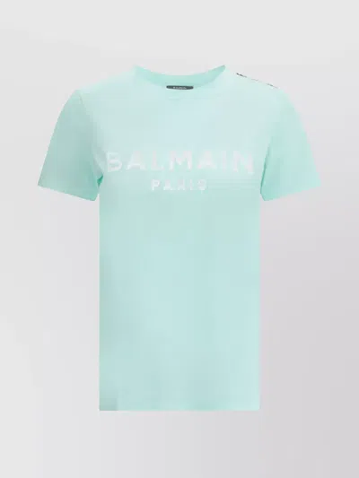 Balmain Logoed Crew Neck T-shirt With Embossed Buttons In Blue