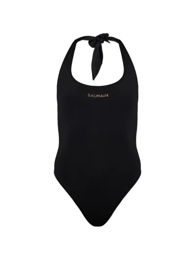 Balmain Logo-embellished Halterneck Swimsuit In Black