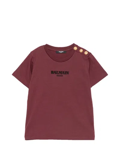 Balmain Kids' Logo-embroidered Button-detail T-shirt In Red