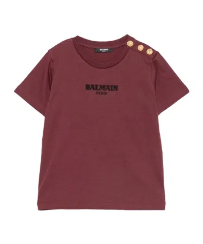 Balmain Kids' Logo-embroidered Button-detail T-shirt In Red