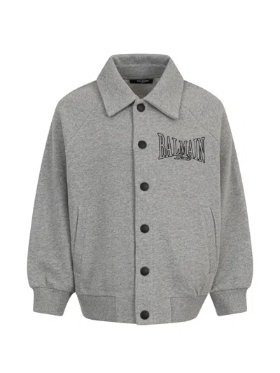 Balmain Kids' Logo-embroidered Button-up Bomber Jacket In Grey