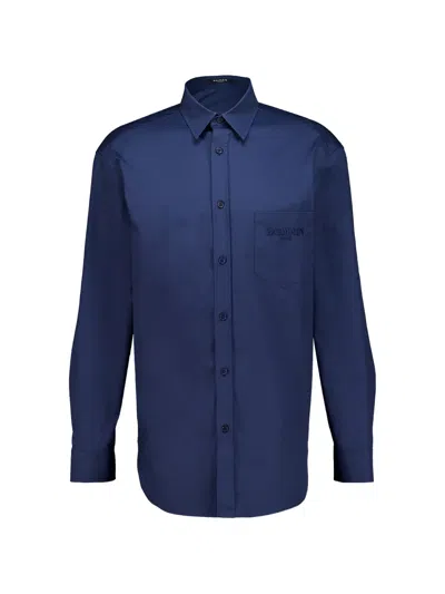 Balmain Logo-embroidered Chest-pocket Shirt In Blue
