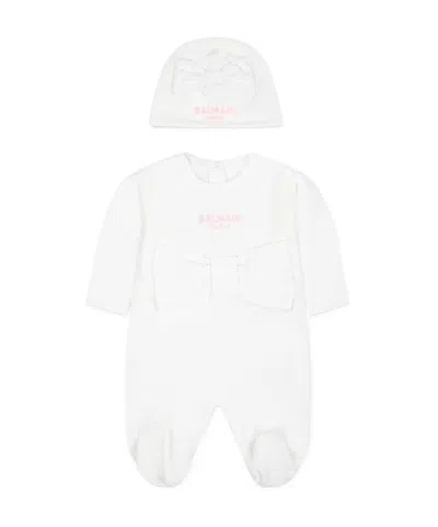 Balmain Logo-embroidered Cotton Babygrow Set In White