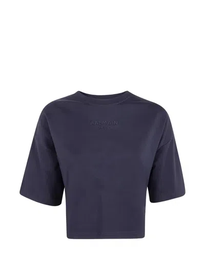 Balmain Logo Embroidered Cropped T-shirt In Blue