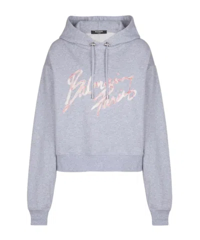 Balmain Logo-embroidered Hoodie In Gray