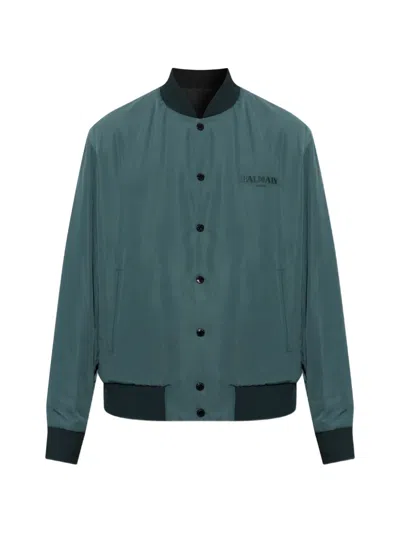 Balmain Logo-embroidered Reversible Bomber Jacket In Green