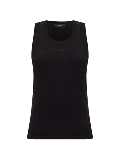 Balmain Logo-embroidered Ribbed Tank Top In Black