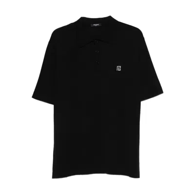 Balmain Logo-embroidered Silk-cotton Blend Polo In Black