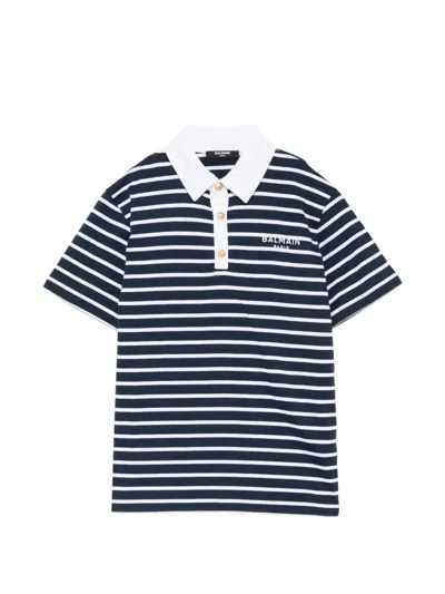 Balmain Kids' Logo-embroidered Striped Polo Shirt In Blue