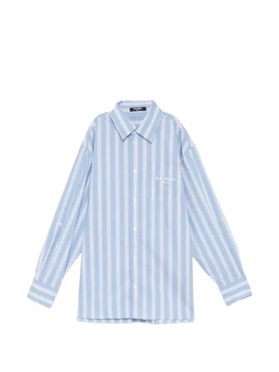 Balmain Logo-embroidered Striped Shirt In Blue