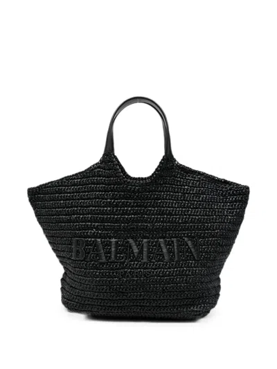 Balmain Logo-embroidered Woven Shoulder Bag In Black