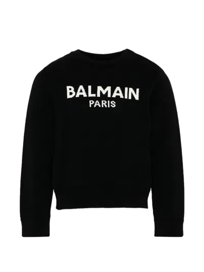 Balmain Kids' Logo-intarsia Knitted Sweater In Black