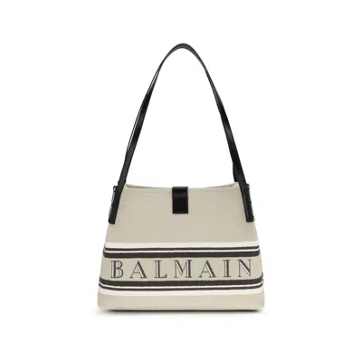 Balmain Logo-jacquard Cotton Shoulder Bag In Beige