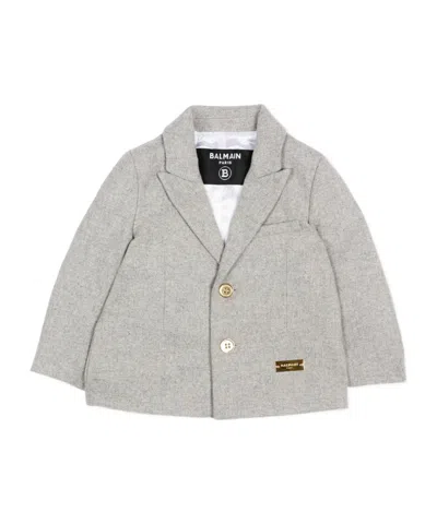 Balmain Logo-plaque Notched-lapels Jacket In Gray