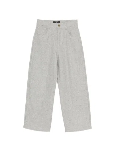 Balmain Kids' Logo-plaque Wide-leg Wool Trousers In Gray