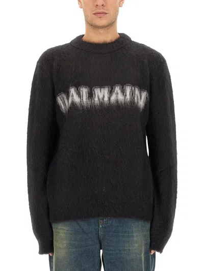 Balmain Logo-print Brushed-finish Jumper In Black